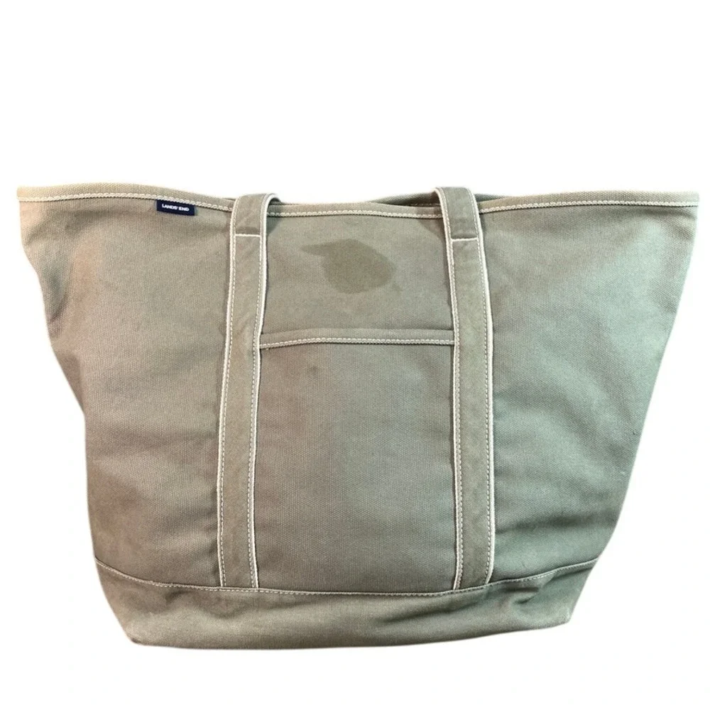 Lands End Olive Green Canvas Tote Bag Extra Large XL Travel Beach Carryall